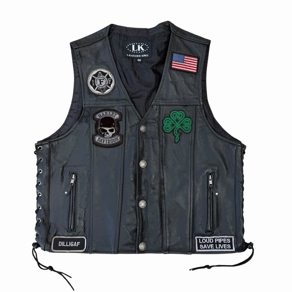 Vintage Black Leather Biker Vest with Harley Davidson & Veteran Patches Size 46